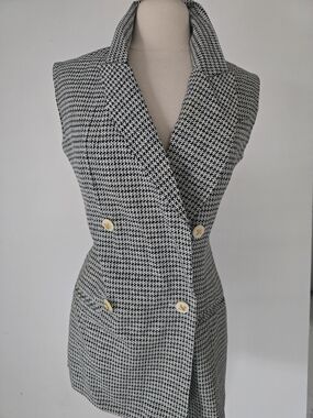 Vintage Sleeveless Houndstooth Double-Breasted Vest Jacket - Black & White